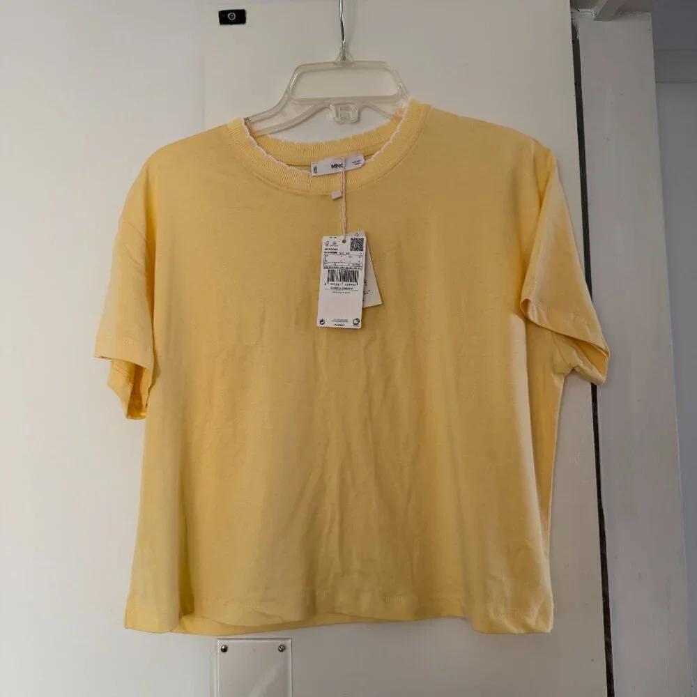 MANGO butter yellow t-shirt size L neckline crochet brand new with tags NWT - Picture 5 of 6